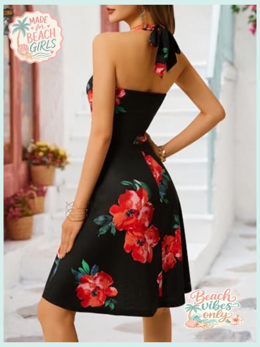 Sleeveless Halter Neck Mini Sundress with Pockets Elastic Waist Ruffle - Picture 2 of 7